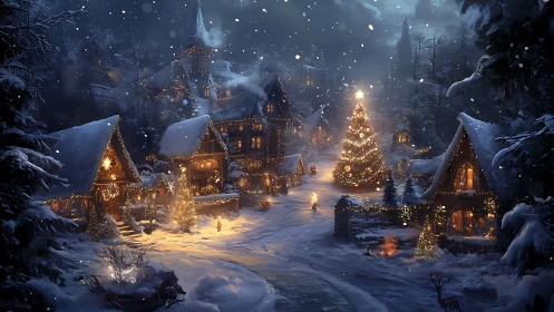 Snowy Christmas village with glowing tree and cottages.