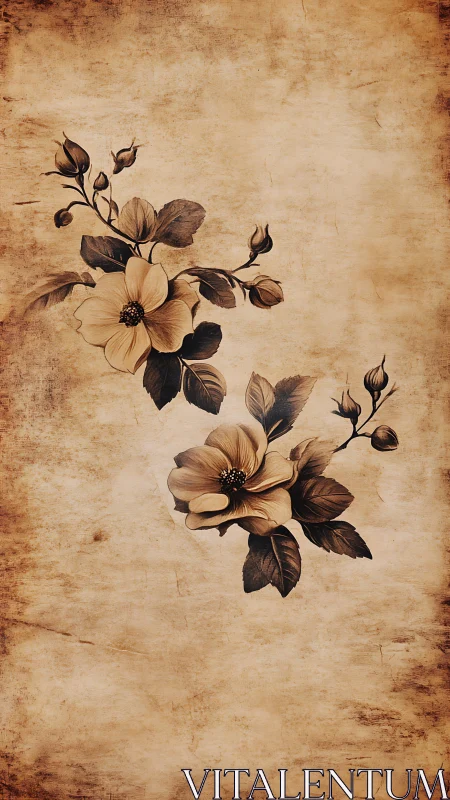 Vintage sepia floral illustration on distressed parchment.