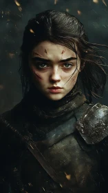 Battle-scarred young warrior with intense steel gaze