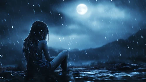 Backlit girl studies moonlit rainfall in high-contrast blue palette