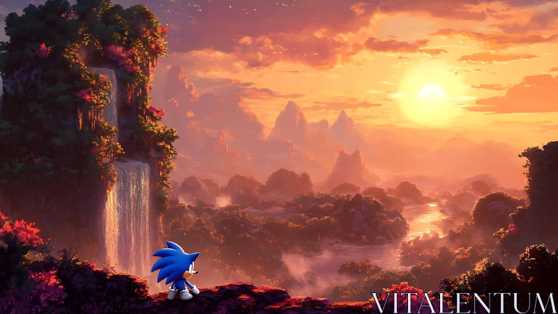 Cartoon hedgehog observes stylized sunset over dense valley