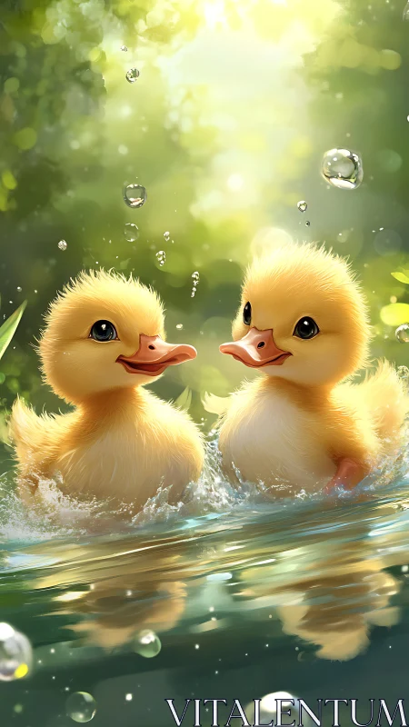 Playful ducklings splash together in warm morning light.