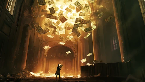 Cat-suited oracle under a cathedral storm of burning cash.