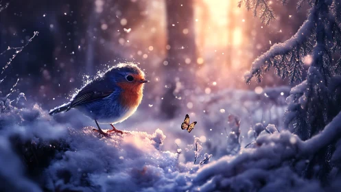 Winter Robin Watching Butterfly in Magical Snowy Forest Scene.