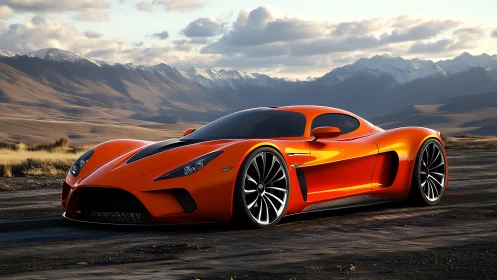 Orange sports car is parked on a rugged mountain roadway