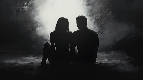 Silhouetted Figures Contemplating Luminous Underground Passage