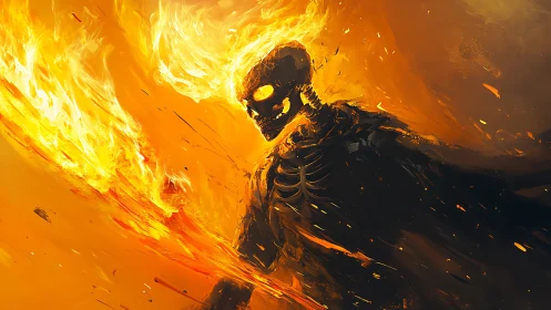 Flaming skeletal figure in dynamic orange fire environment.