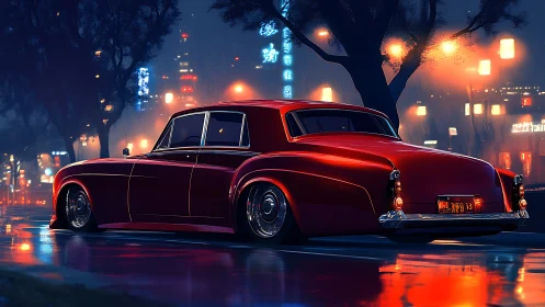 Crimson classic glides through neon rain and midnight reflections