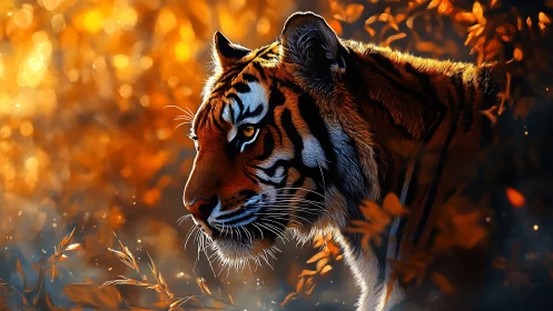 Ember-eyed tiger drifting through molten autumn hush.