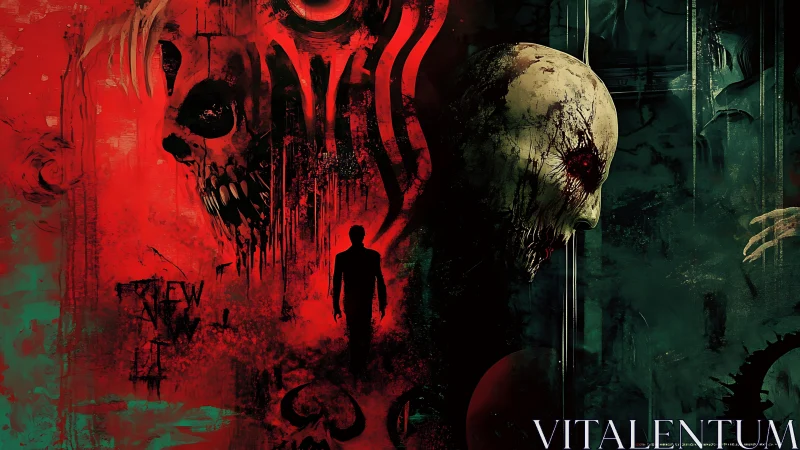 Skeletal forms and lone figure in red and green void.