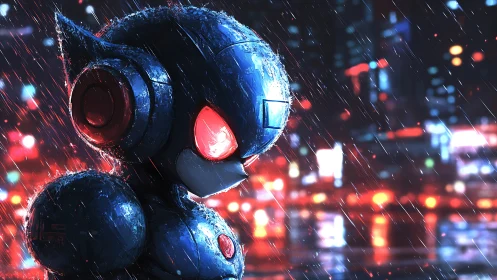 Neon rain robot vigil in a chrome soaked cyber city night.