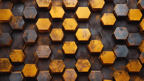 Weathered metallic hexagonal grid forms layered industrial relief