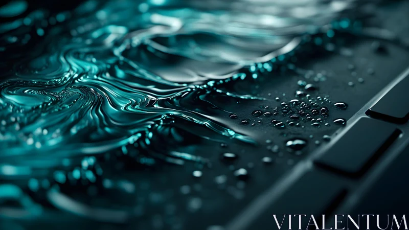 Close-up of Water Spilled on Keyboard in Futuristic Digital Style.