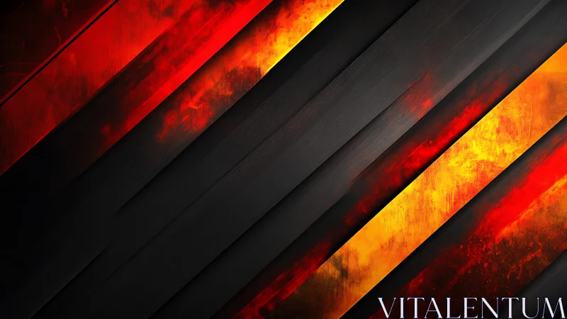 Bold abstract background with black diagonal stripes and fiery colors.