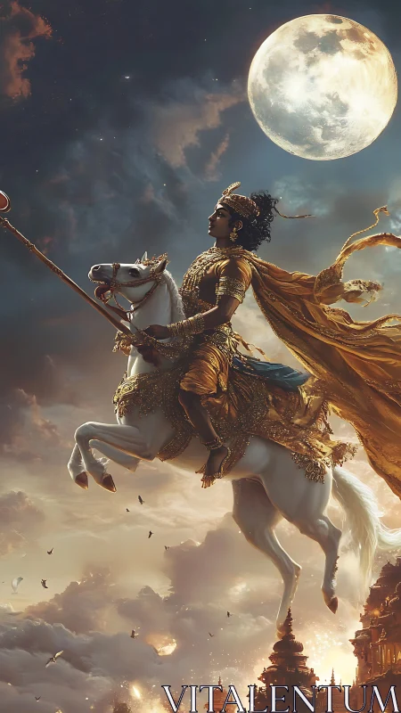 Moonlit celestial warrior riding white horse above temples.