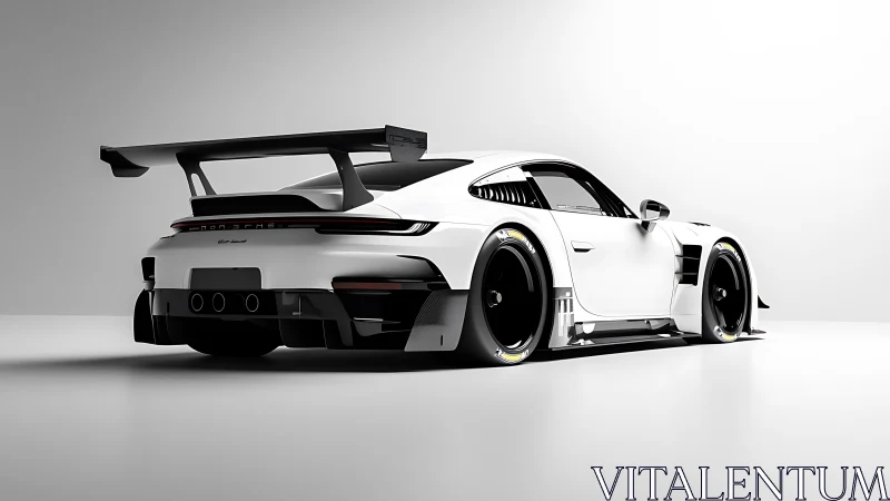 White racing coupe with rear wing in minimal studio space.