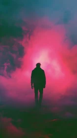 Neon wanderer drifting through electric magenta mistscape.