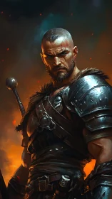 Armored barbarian warrior amid ember‑saturated battlefield blaze.