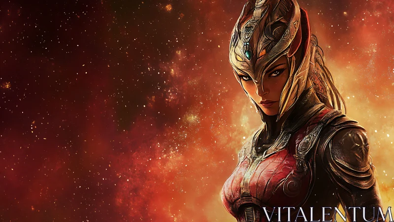 Armored space warrior stands against blazing nebula field