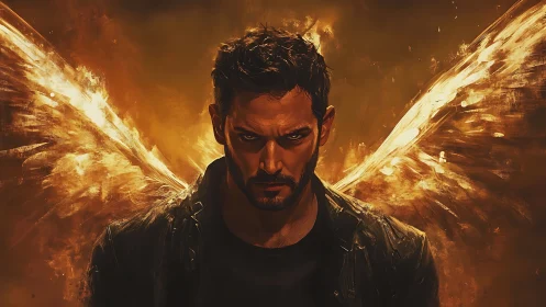 Brooding dark angel rendered in fiery chiaroscuro digital art