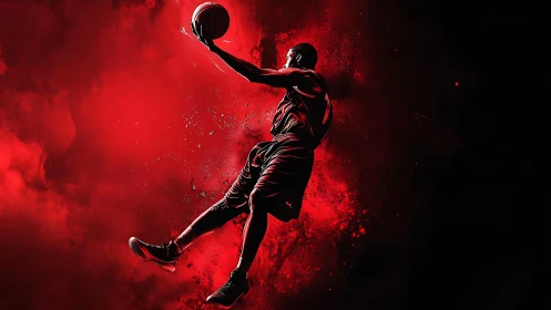 Kinetic red-contrast digital painting of airborne basketball dunk.