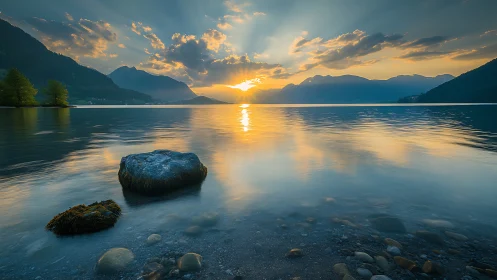 Sunset light reflects across calm mountain lake surface