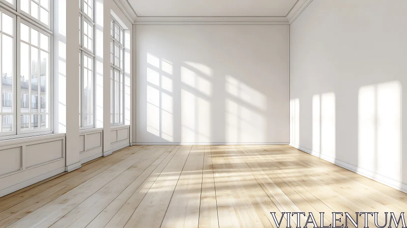 Sunlit empty interior with tall sash windows and pale wood floor