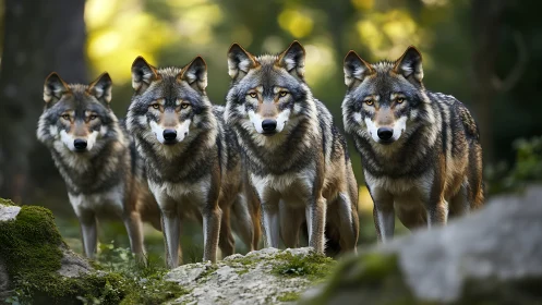 Curious forest wolf pack sharing a quiet moment together.