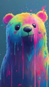 Neon drip bear melts into a storm of playful rainbow paint.