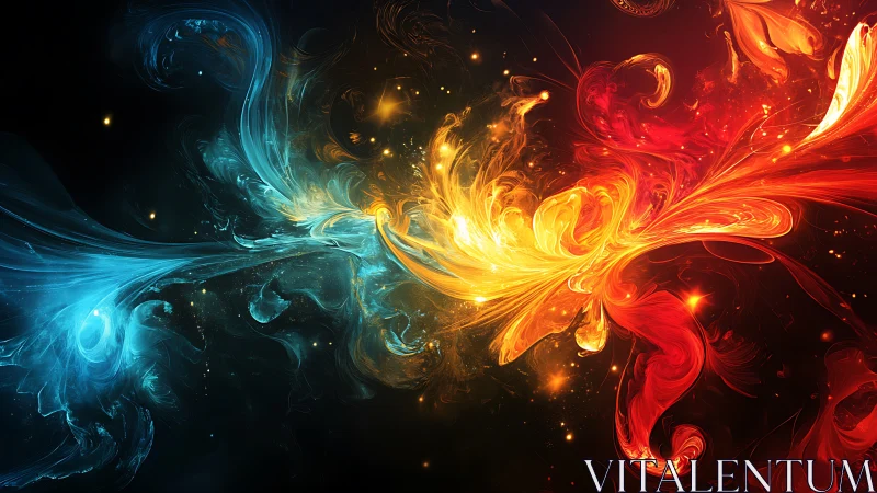 Contrasting blue and red nebular forms meet around yellow core