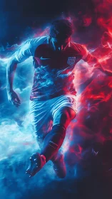 Male footballer in motion amid red and blue smoke field.