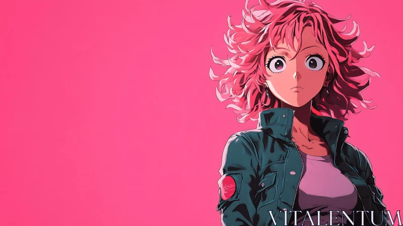 Pink-haired anime heroine stands against bold neon backdrop.