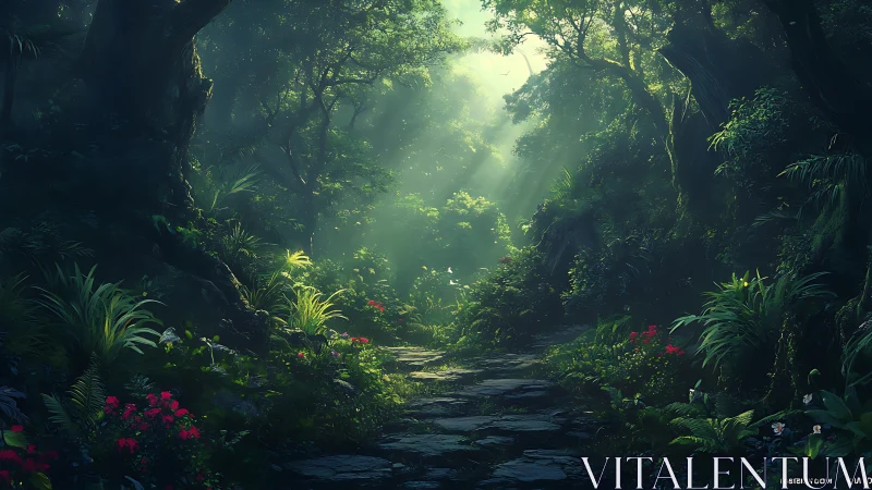Enchanted jungle pathway bathed in ethereal light.