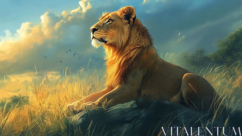 Golden savannah lion rests beneath luminous sunset sky.