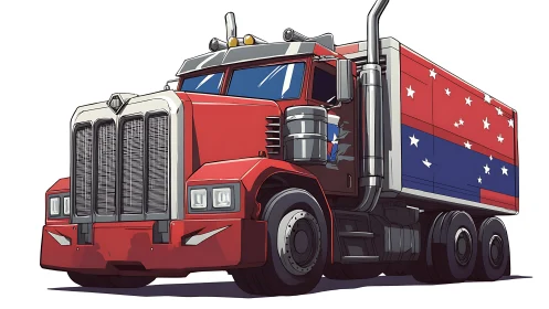 Red semi truck with patriotic trailer in bold cartoon style.