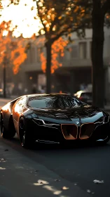 Futuristic black BMW sports car on city street at dusk
