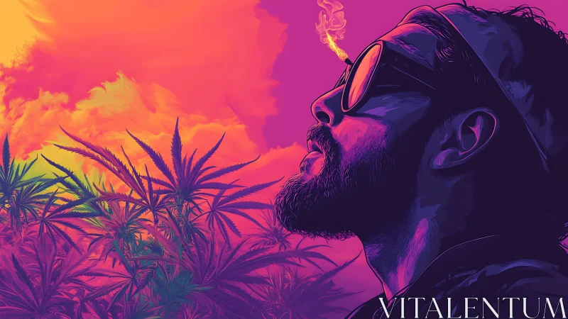 Bearded man smoking in neon cannabis field at sunset.