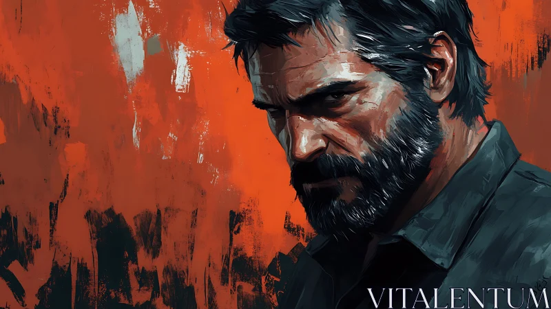 Brooding rugged man before raw orange abstract field.