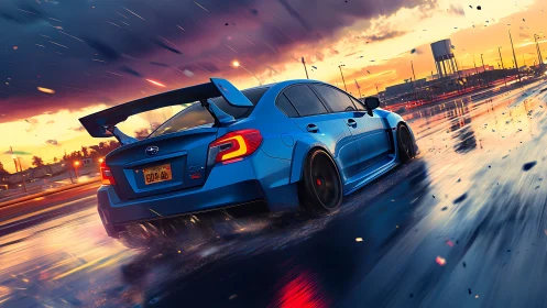 Blue street racer carving through rain at sunset in style.