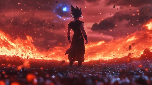 Lone anime warrior confronts blazing inferno under crimson sky