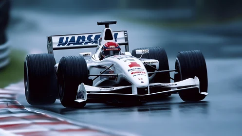White Formula car cornering on wet circuit with pronounced aerodynamic load
