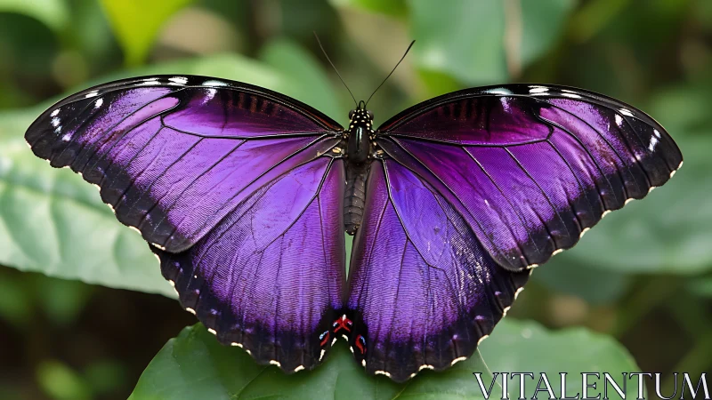 Purple butterfly wings spread on green leaf background.