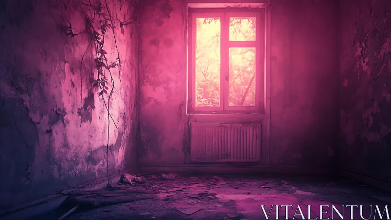 Derelict room with window under intense pink lighting.