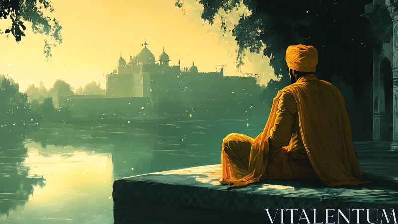 Figure in ochre robes observing riverside palace at dusk.