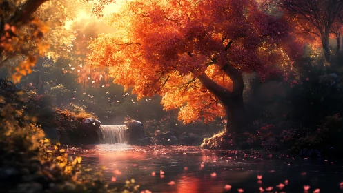 Autumn blaze tree crowns a glowing fairy-tale waterfall pool.