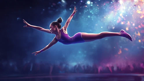Dynamic leaping gymnast rendered in luminous digital lighting