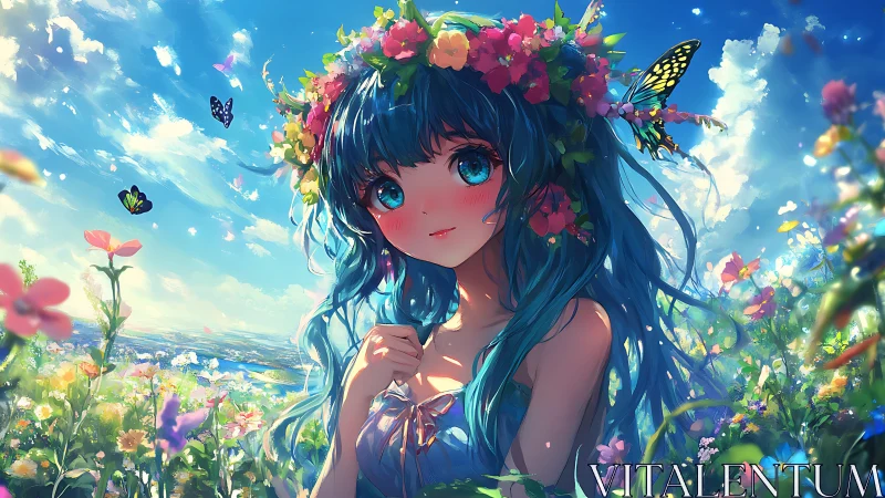Girl with blue hair stands in bright flower field under sky