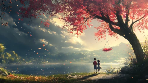 Children under crimson tree overlooking luminous lakeside.