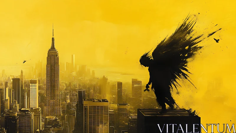 Silhouetted winged figure above a yellow-toned cityscape.
