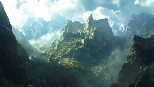 Sunlit fortress ridge within mist-drenched alpine range.